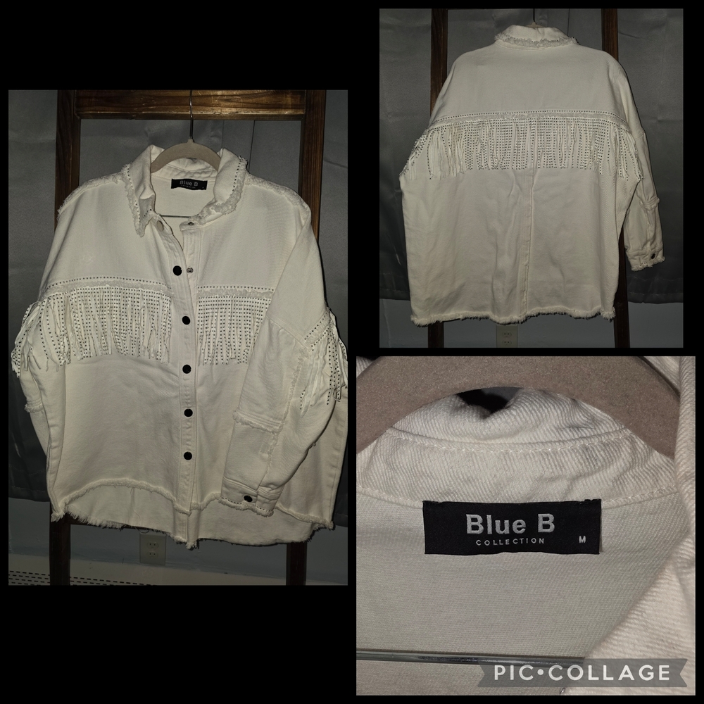 Blue B White Fringe Jean Jacket